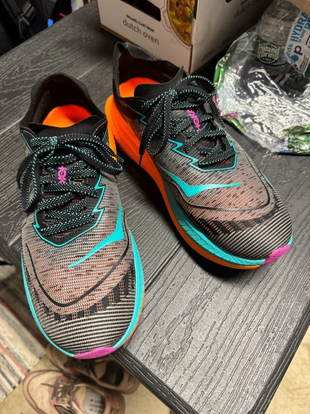 Hoka men’s Black Teal Orange Pink Athletic Running Shoes